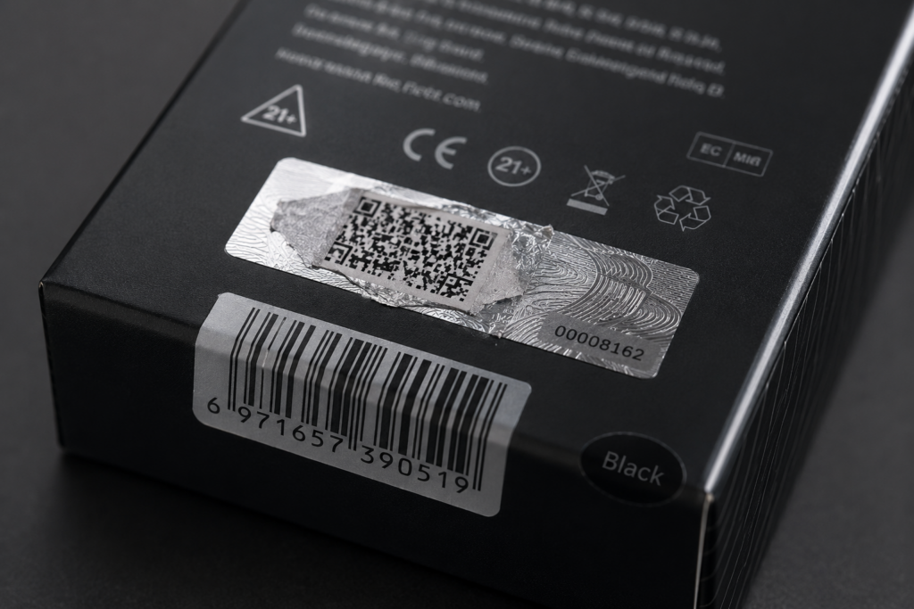 A macro studio photo of an authentic vape box showing a holographic scratch-off manufacturer security label with a micro-code verification matrix.