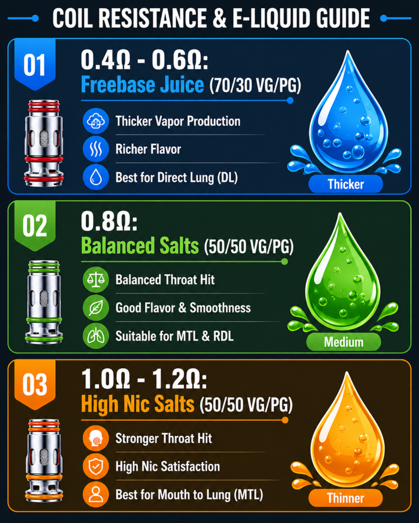 A vertical technical flowchart mapping 0.4 ohm through 1.2 ohm mesh coils to their correct matching chemical e-liquid classifications and base ingredient ratios.