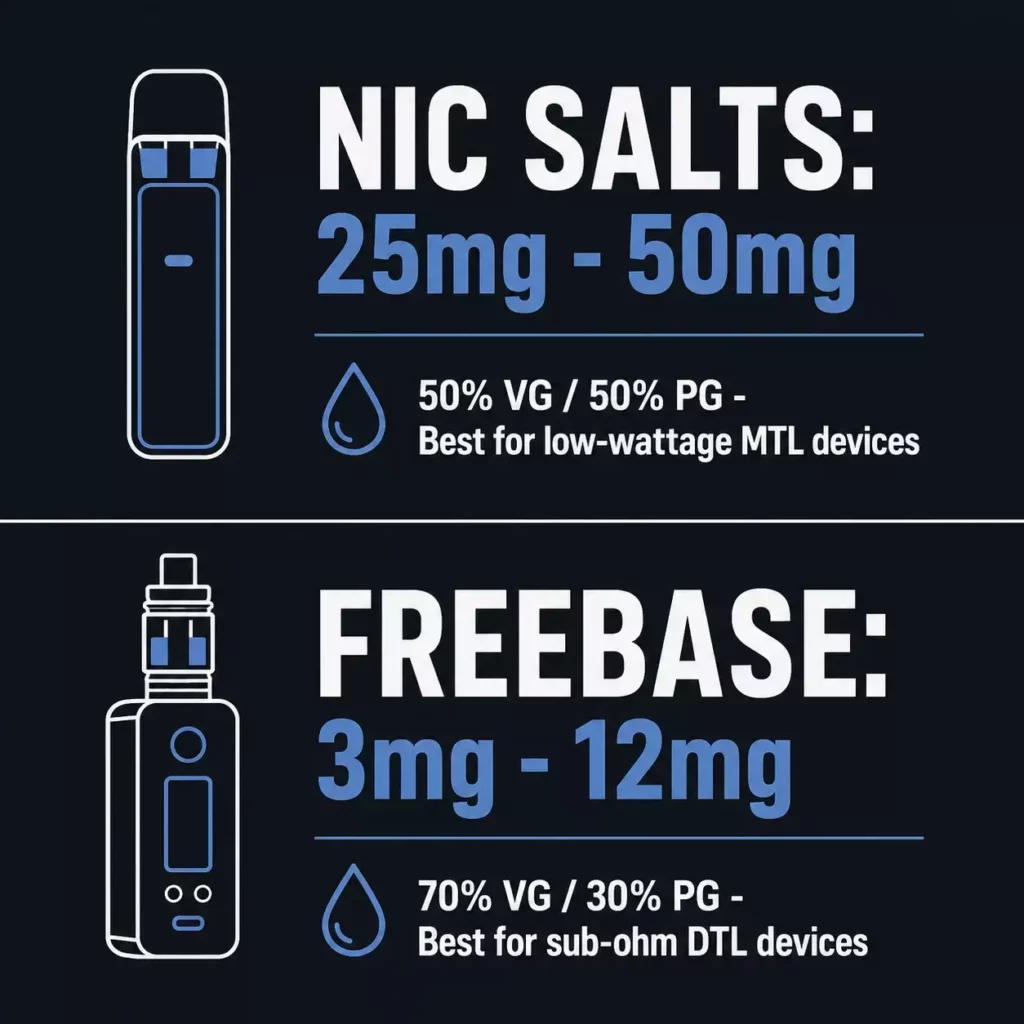 A flat vector infographic comparing nicotine salt and freebase e-liquids, mapping their matching VG/PG ratios and hardware requirements.