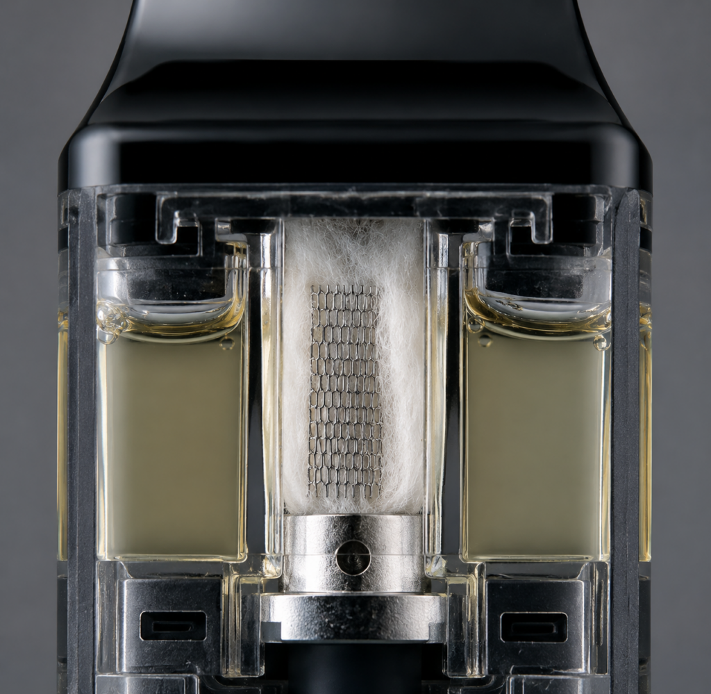 A close-up studio shot demonstrating how to properly fill an authentic top-fill vape pod cartridge using a thin e-liquid bottle nozzle.