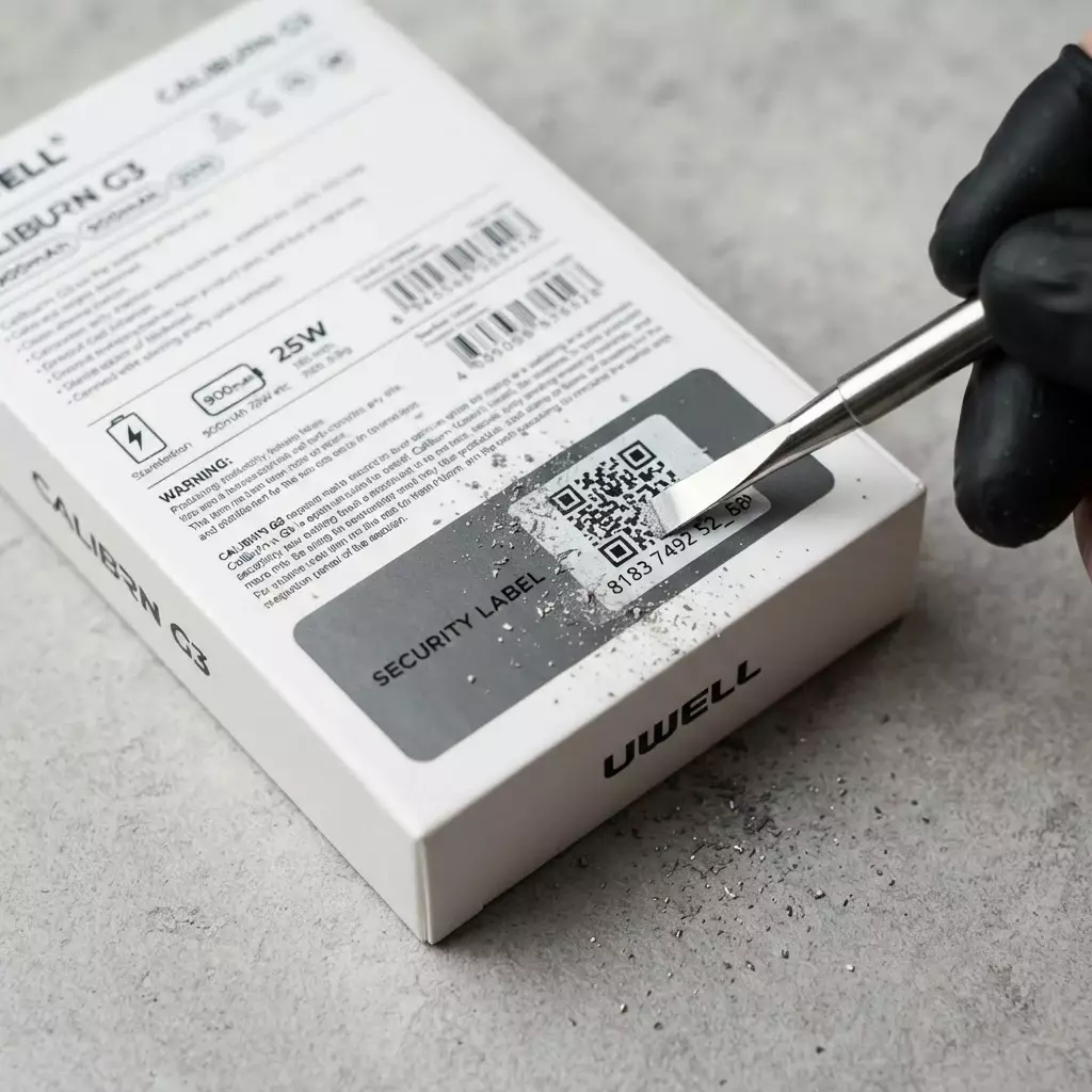 Close-up studio shot of a tool scratching the security coating off a Uwell product packaging box to reveal the verification QR code.