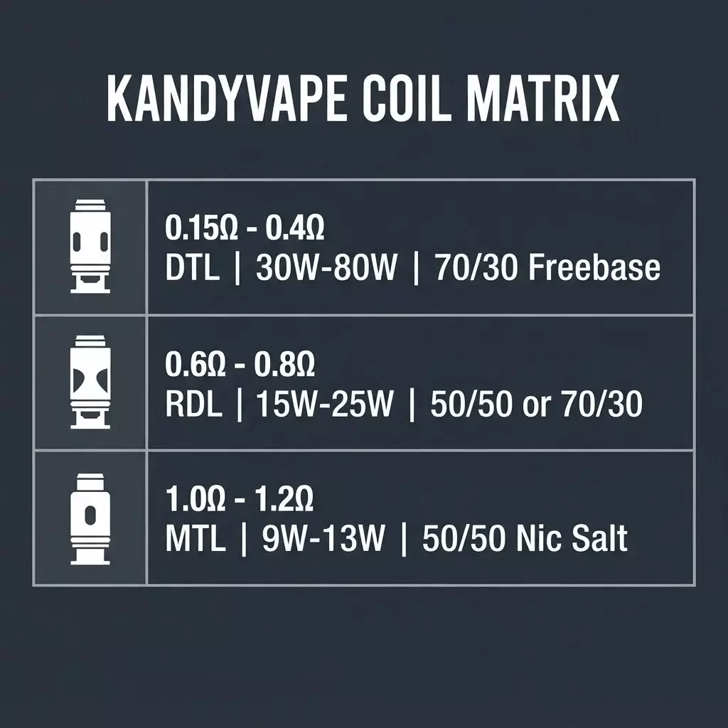 A 1:1 data table graphic titled KandyVape Coil Matrix, showing exact compatibility between coil resistance, optimal wattage, liquid types, and VG/PG ratios to prevent leaking and burnt cotton.