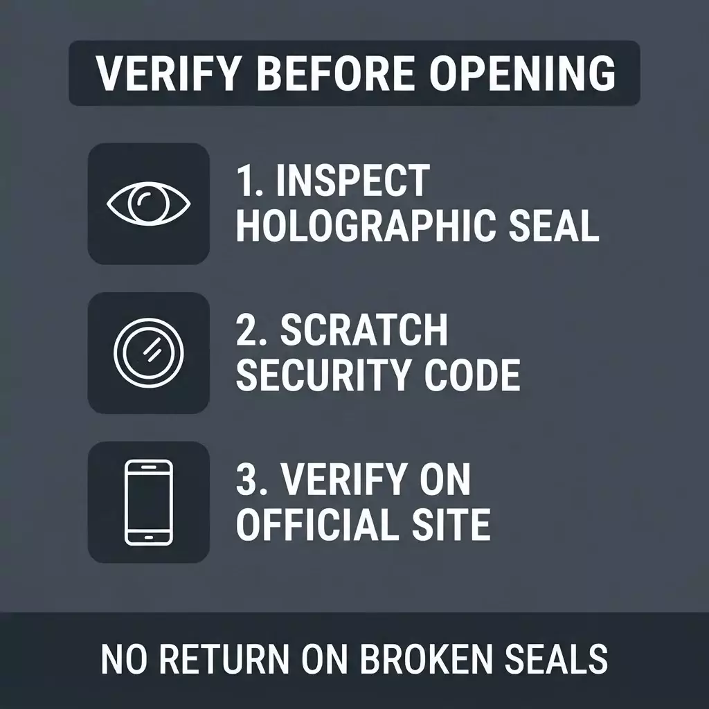 A 4:5 vertical checklist graphic detailing three steps to authenticate vape hardware: inspect holographic seal, scratch security code, and verify on the official manufacturer website before opening.
