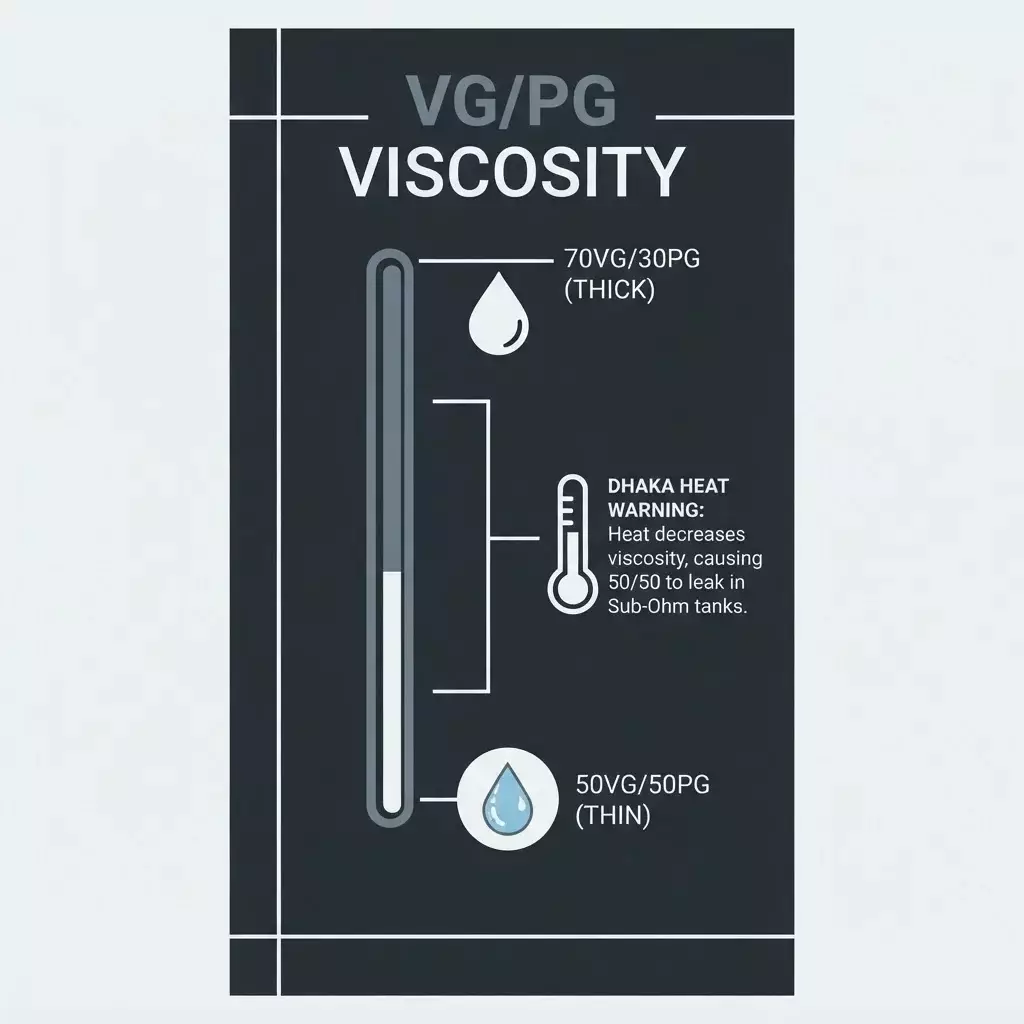 A 9:16 vertical infographic explaining VG/PG viscosity, showing 70/30 as thick and 50/50 as thin, with a specific warning about high temperatures causing leaks in sub-ohm tanks.