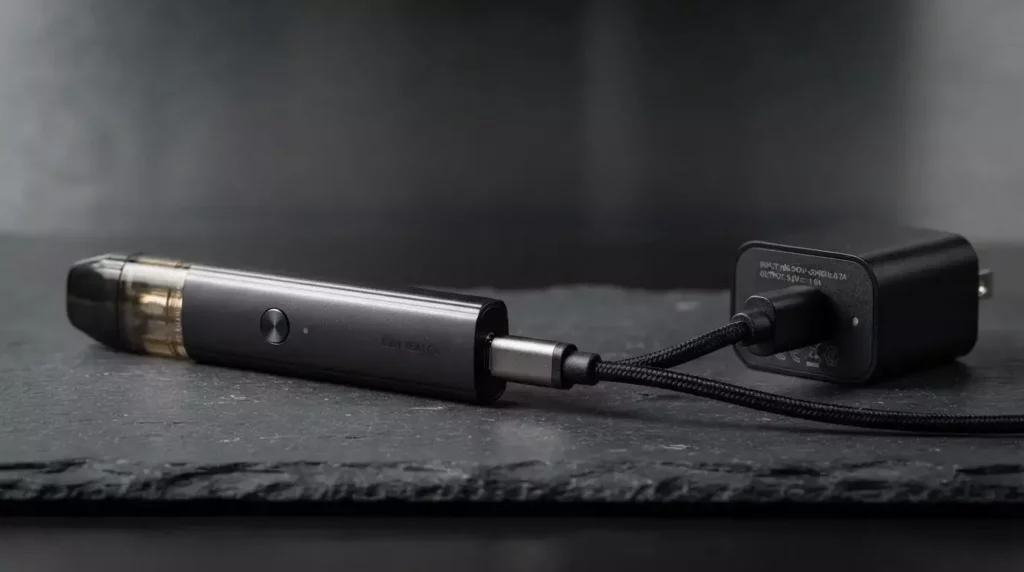 A close-up studio photograph illustrating a Vaporesso pod system properly connected to a 5V/1A wall plug adapter via a USB-C cable for safe internal battery charging.