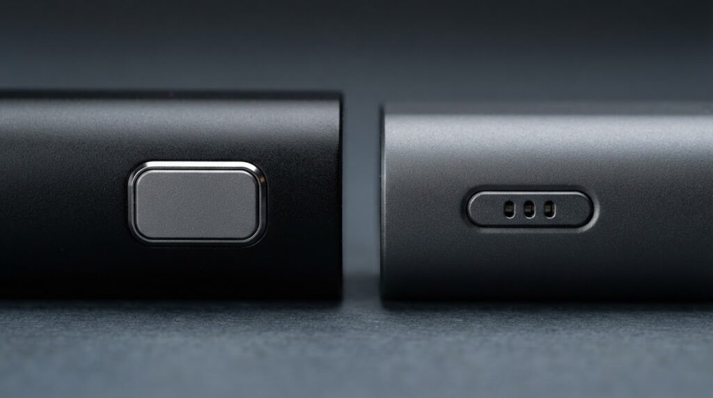 Close-up macro of the Voopoo Argus G2 side fire button and Argus G3 airflow slider showing the physical activation difference between the two pod kits
