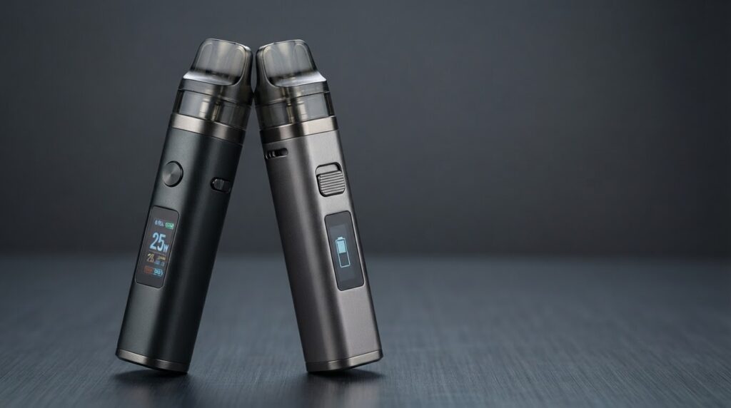 Voopoo Argus G2 vs G3 pod kit comparison placed side by side on a deep slate surface showing both device screens and airflow sliders