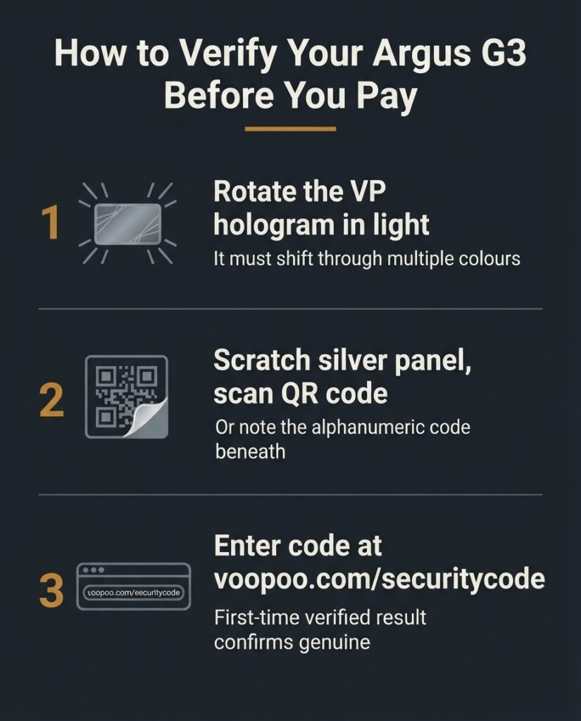Voopoo Argus G3 Review: Do Not Buy the Wrong Pod Three-step Voopoo Argus G3 authenticity check: rotate holographic VP mark, scratch and scan QR code, enter security code at voopoo.com