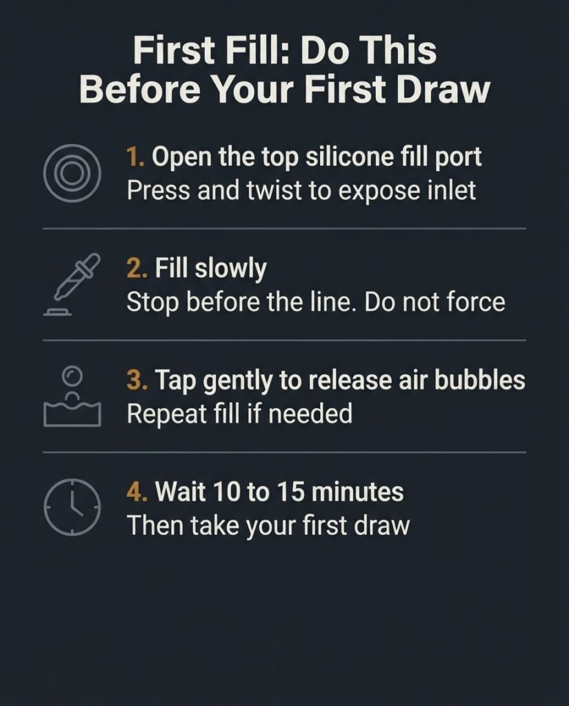 Voopoo Argus G3 Review: Do Not Buy the Wrong Pod Argus G3 first fill priming steps checklist showing top fill silicone port, slow fill method, bubble release, and 10 to 15 minute wait before first draw