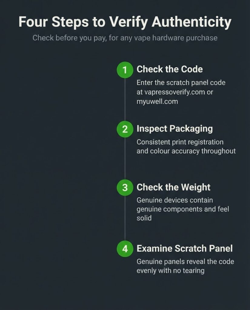 Four-step authenticity verification process for vape hardware in Dhaka showing scratch code check packaging inspection weight test and scratch panel quality