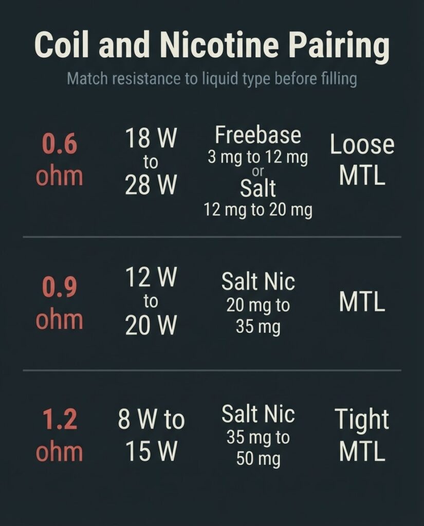 Uwell Caliburn Bangladesh: Specs, Price, and Fake Check Caliburn coil resistance nicotine pairing chart showing 0.6 ohm to 1.2 ohm coils matched to freebase and salt nicotine strengths and draw styles