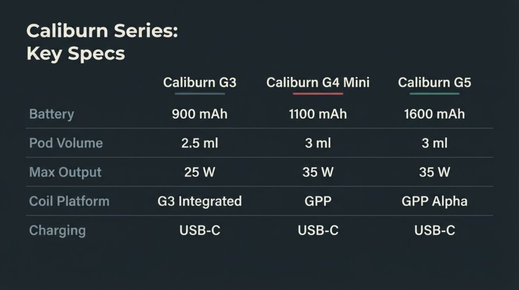 Uwell Caliburn Bangladesh: Specs, Price, and Fake Check Spec comparison matrix for Uwell Caliburn G3, G4 Mini, and G5 showing battery capacity, pod volume, max wattage, and coil platform