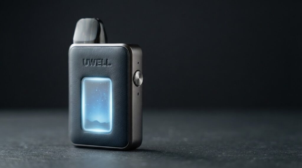 Uwell Caliburn G5 Koko review -- leather panel pod system with Starlit Ocean display on deep slate surface, available in Bangladesh