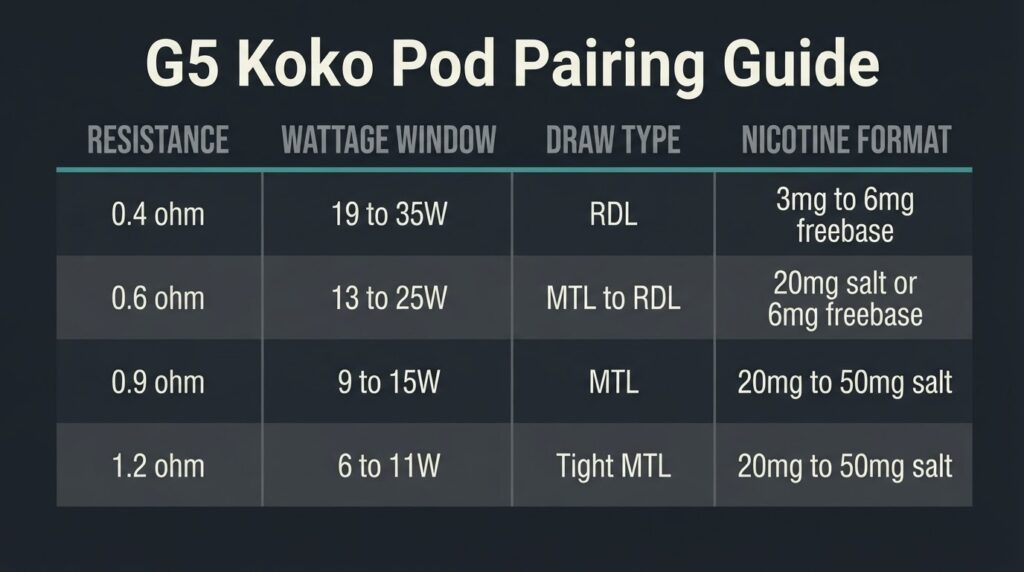Uwell Caliburn G5 Koko Review: Verified Specs for Bangladesh Caliburn G5 Koko resistance and wattage pairing matrix showing 0.4, 0.6, 0.9, and 1.2 ohm pods matched to wattage windows and nicotine formats