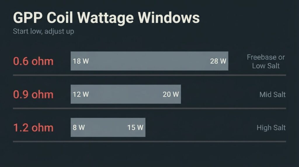 Uwell Caliburn Bangladesh: Specs, Price, and Fake Check Caliburn GPP coil wattage window chart showing optimal power ranges for 0.6 ohm, 0.9 ohm, and 1.2 ohm coils