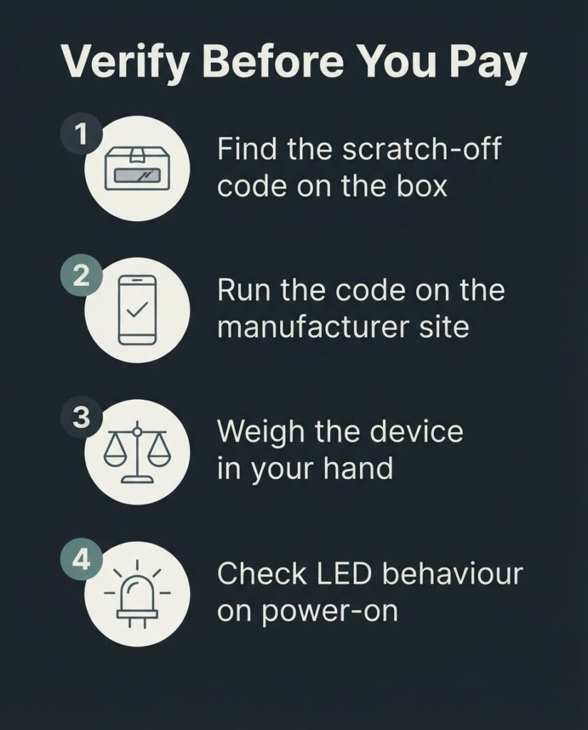 Bangladesh Vaping Culture: Warning Signs Before You Buy checklist showing four steps to verify a genuine vape device before buying in Dhaka including scratch-off code authentication and weight check