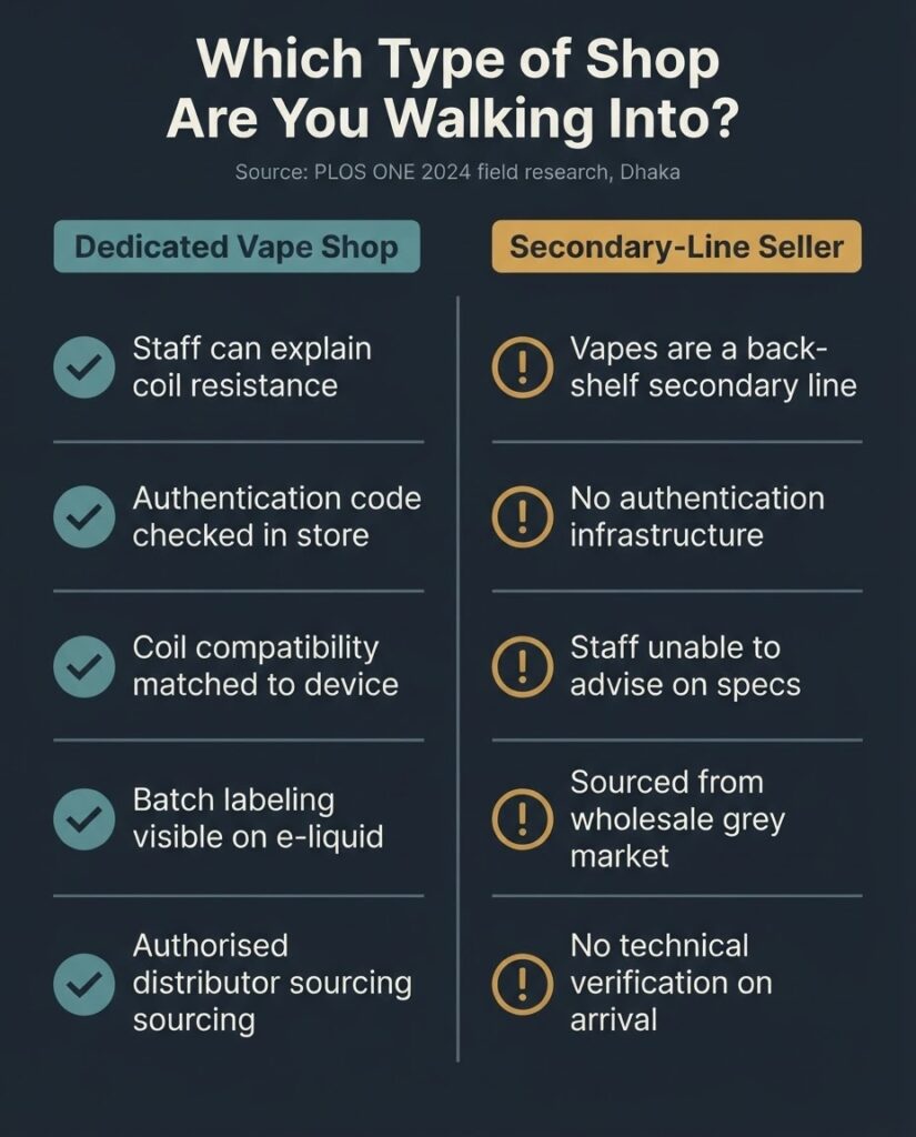 checklist of dedicated vape shop signals versus secondary-line seller warning signs for Dhaka buyers