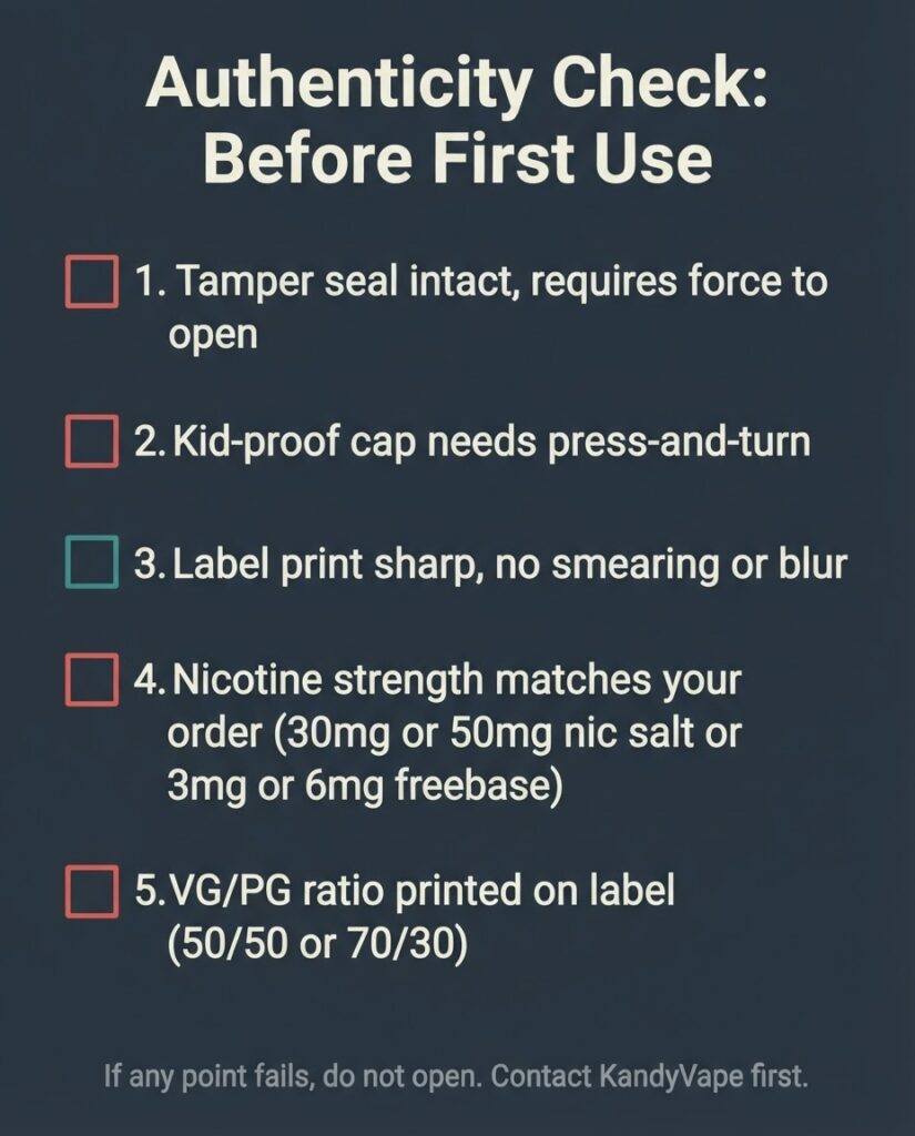The Wrong Flavor Choice Bangladeshi Vapers Make First Five-point authenticity checklist for Doozy and Perfect Vape e-liquid bottles -- tamper seal, cap resistance, label print, nicotine strength, VG PG ratio verification