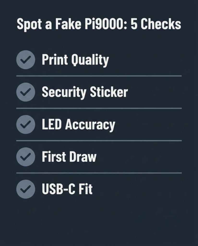 Elf Bar Pi9000 Review: Verified Specs and Clone Warning Five-step visual checklist for identifying a genuine Elf Bar Pi9000: packaging print quality, security sticker, LED indicators, first draw quality, USB-C port alignment