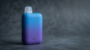 Elf Bar Pi9000 disposable vape device in Blue Razz Ice colourway showing pillow-shaped body and translucent mouthpiece, photographed on deep slate surface at KandyVape Dhaka