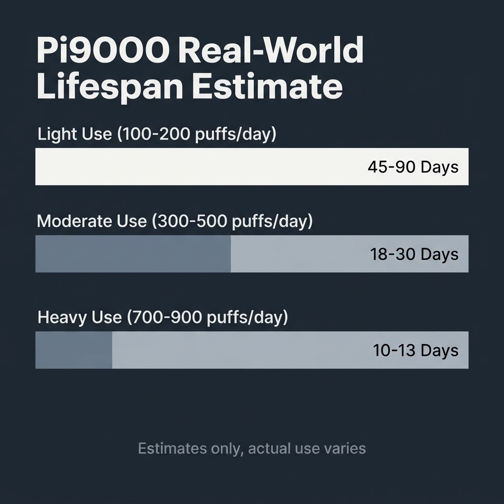 Elf Bar Pi9000 Review: Verified Specs and Clone Warning Chart showing estimated Pi9000 device lifespan by usage pattern: light use 45 to 90 days, moderate use 18 to 30 days, heavy use 10 to 13 days