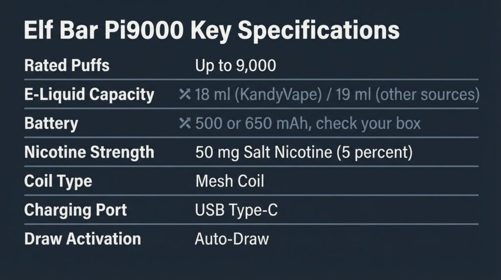 Elf Bar Pi9000 Review: Verified Specs and Clone Warning Elf Bar Pi9000 specification summary card showing puff count, e-liquid capacity conflict, nicotine strength, coil type, and charging port details