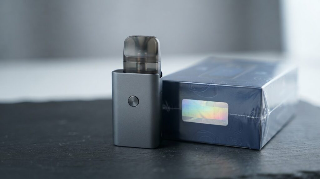 how to spot fake vape hardware -- genuine pod system and sealed authentication label on deep slate surface before verification