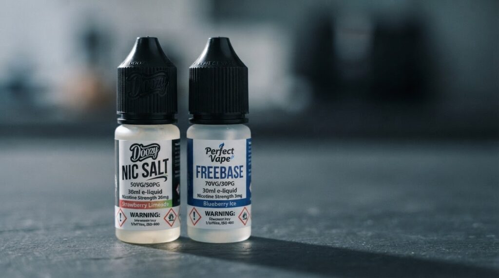 Flavor preferences Bangladesh vapers -- Doozy nic salt and Perfect Vape freebase 30ml bottles side by side on a deep slate surface, studio lighting