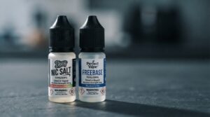 Flavor preferences Bangladesh vapers -- Doozy nic salt and Perfect Vape freebase 30ml bottles side by side on a deep slate surface, studio lighting