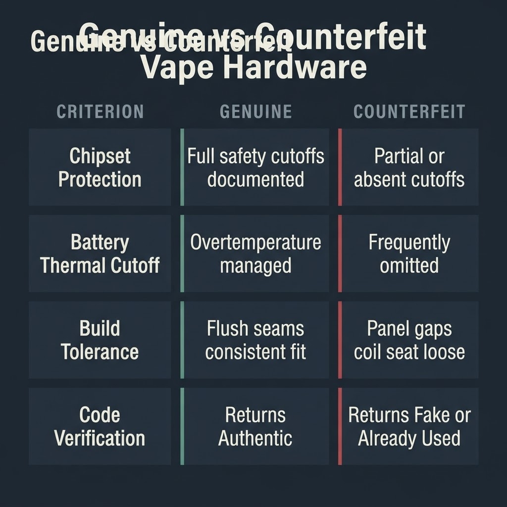 How to Spot Fake Vape Hardware Before the Sale Is Final comparison matrix of genuine versus counterfeit vape hardware across chipset protection, battery safety, build tolerance, and code verification result