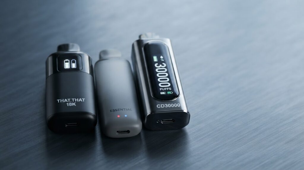 High puff disposable vape comparison: That.That 18K, Elf Bar Pi9000, and Upends CD30000 arranged side by side on a dark slate surface
