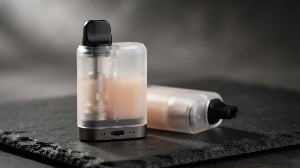 iPlay Ecco 7000 review - disposable vape pod with USB-C charging port and semi-crystal shell on deep slate surface