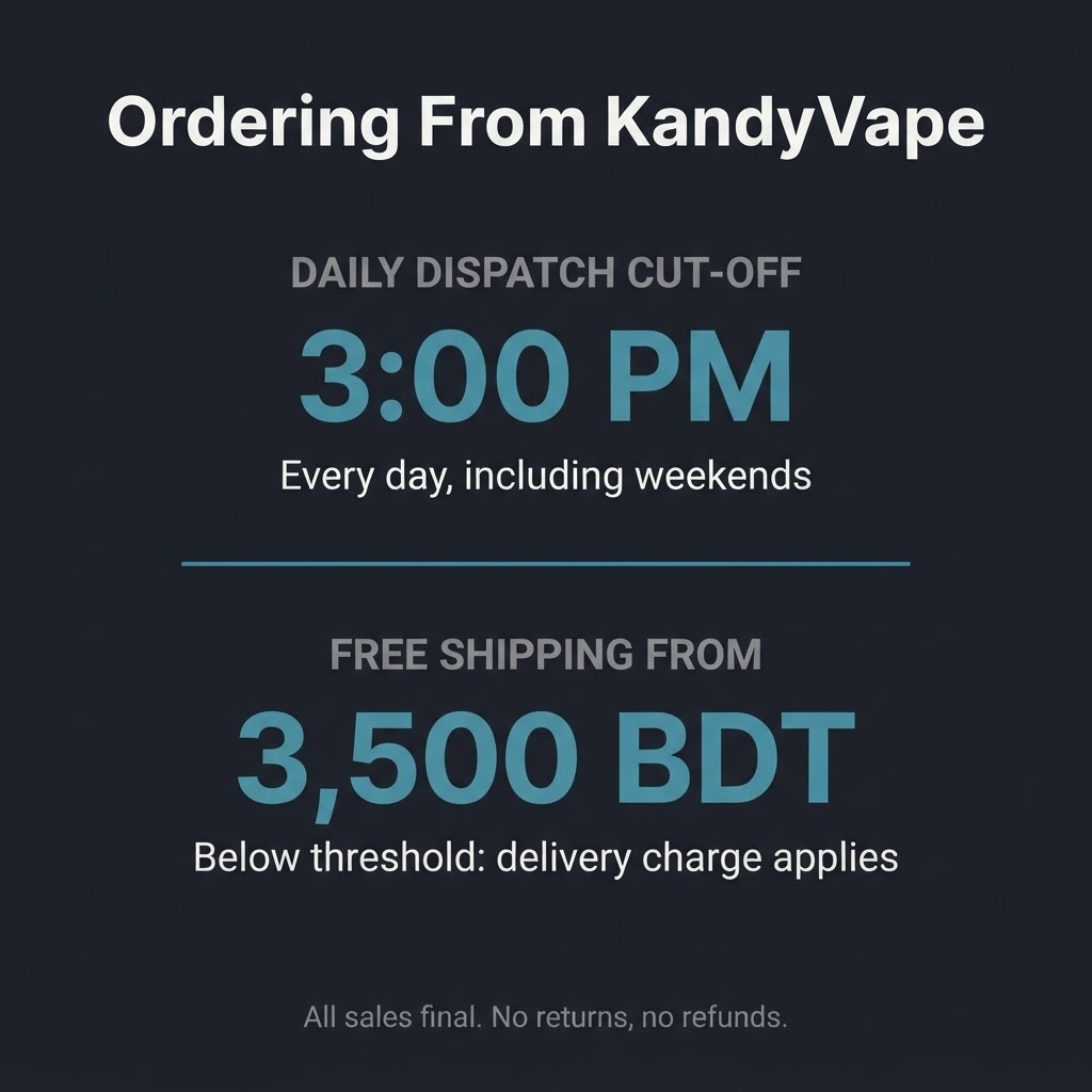 Wrong Premium Vape Bangladesh: Mistakes That Cost Full Price KandyVape order dispatch cut-off 3PM daily and free shipping threshold 3500 BDT reference infographic