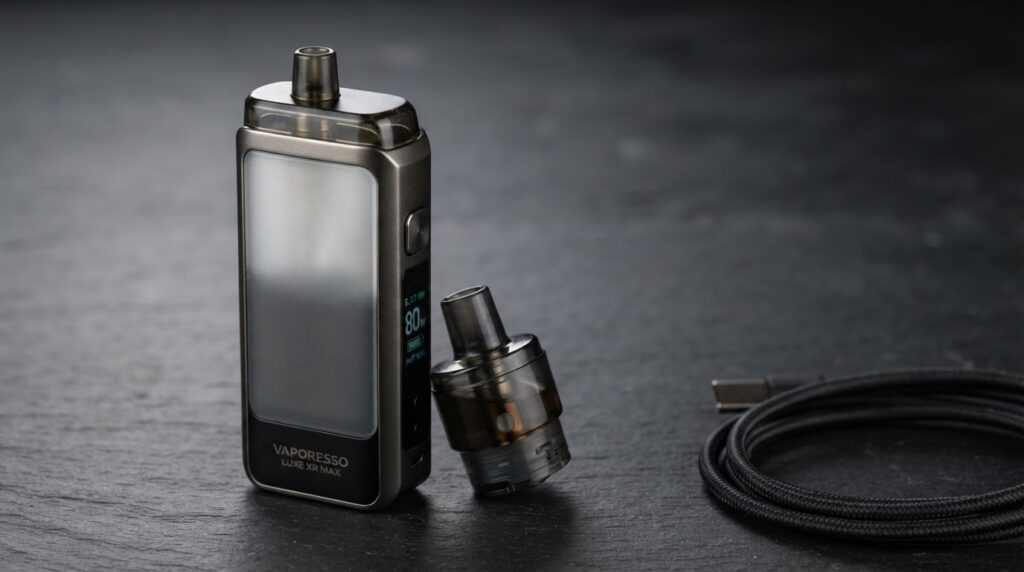 Vaporesso Luxe XR Max 2 review -- 80W pod mod in matte black finish on a brushed slate surface, pod and USB-C cable alongside