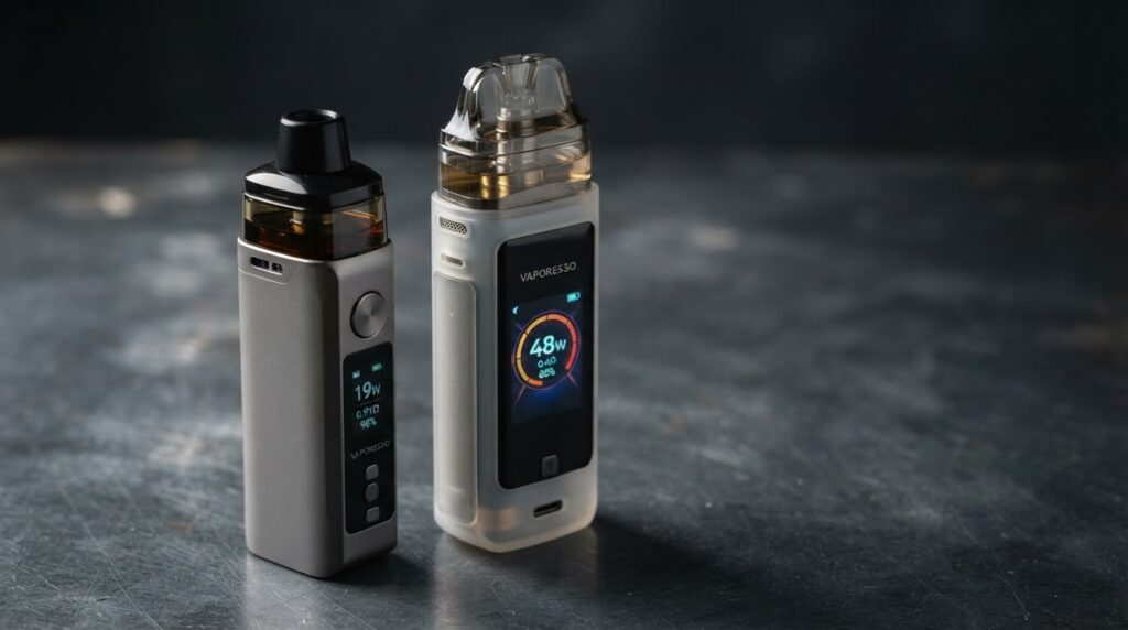 Vaporesso Luxe XR Max vs Luxe XR Max 2 side by side on deep slate surface showing size and display differences