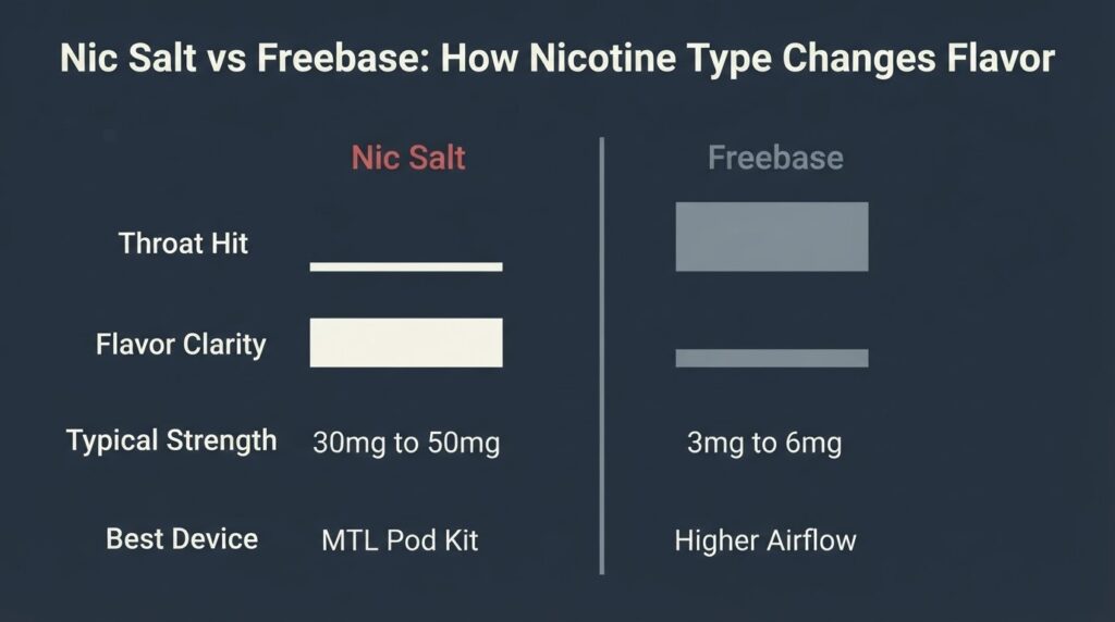 The Wrong Flavor Choice Bangladeshi Vapers Make First Nic salt versus freebase nicotine -- smoothness, throat hit, and flavor clarity comparison chart for MTL pod kit users in Bangladesh