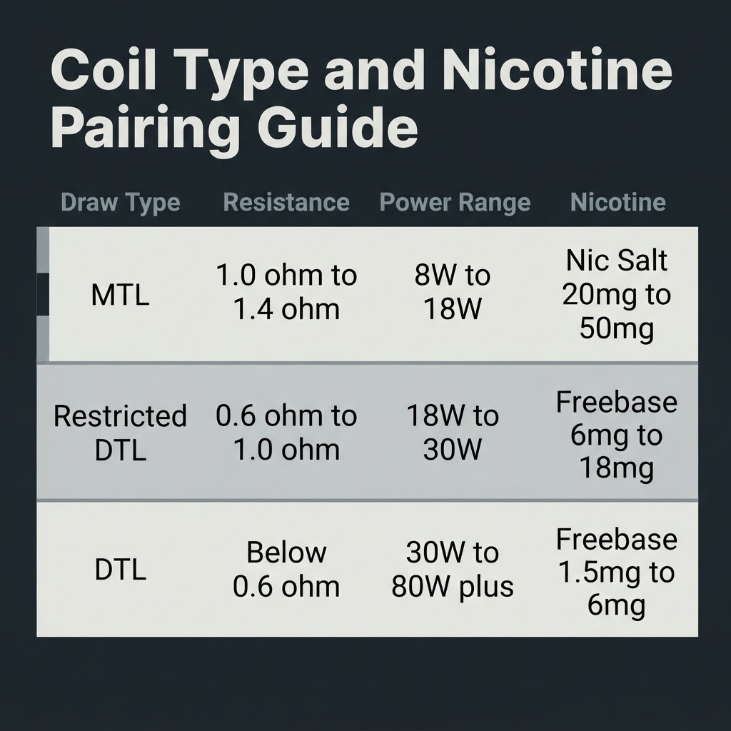 Bangladesh Vaping Culture: Warning Signs Before You Buy matrix showing MTL and DTL coil resistance ranges paired with correct nicotine salt and freebase strengths for adult cigarette switchers