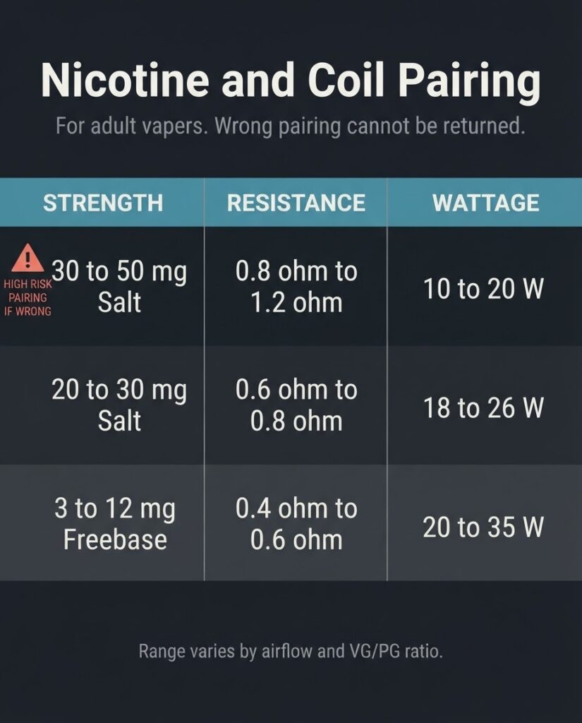 Wrong Premium Vape Bangladesh: Mistakes That Cost Full Price Nicotine strength and coil resistance pairing table for salt nicotine and freebase e-liquid, showing recommended resistance and wattage window for each strength level