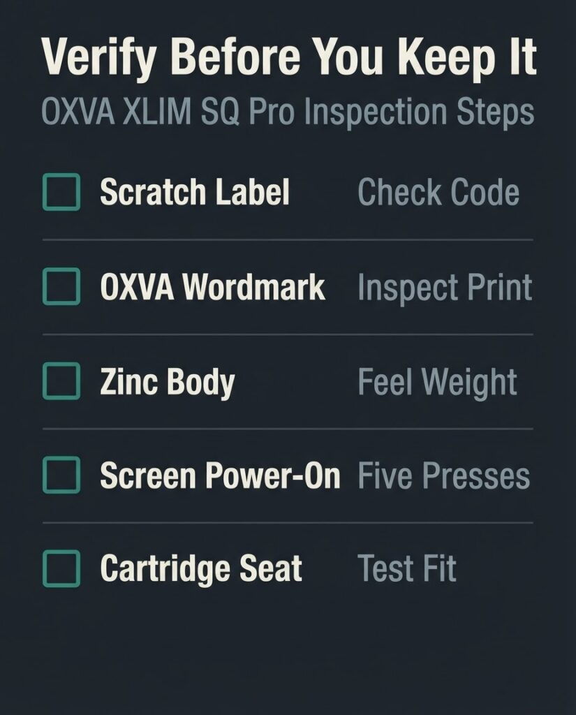 Oxva Xlim SQ Pro Review: Do Not Buy the Wrong Coil OXVA XLIM SQ Pro authenticity checklist showing five physical inspection steps including scratch label verification, wordmark print quality, and cartridge seating test