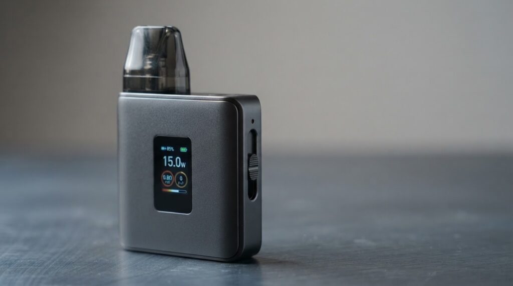 Oxva Xlim SQ Pro review -- square zinc alloy pod kit showing 0.96-inch TFT colour screen and side airflow control slider on deep slate surface