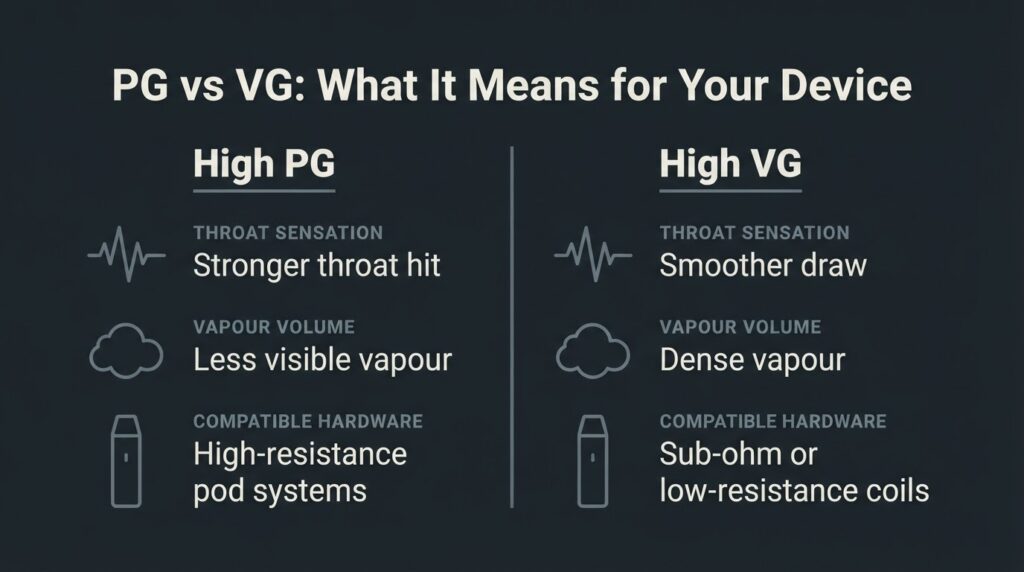Bangladesh Vaping Culture: Warning Signs Before You Buy infographic comparing high PG and high VG e-liquid ratios showing throat sensation vapour volume and coil compatibility differences
