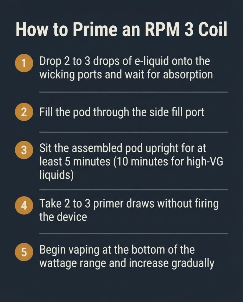 SMOK RPM 3 Coil Replacement: Which Resistance Is Correct? Step by step checklist showing how to prime an SMOK RPM 3 coil before first use including wick saturation fill and wait time