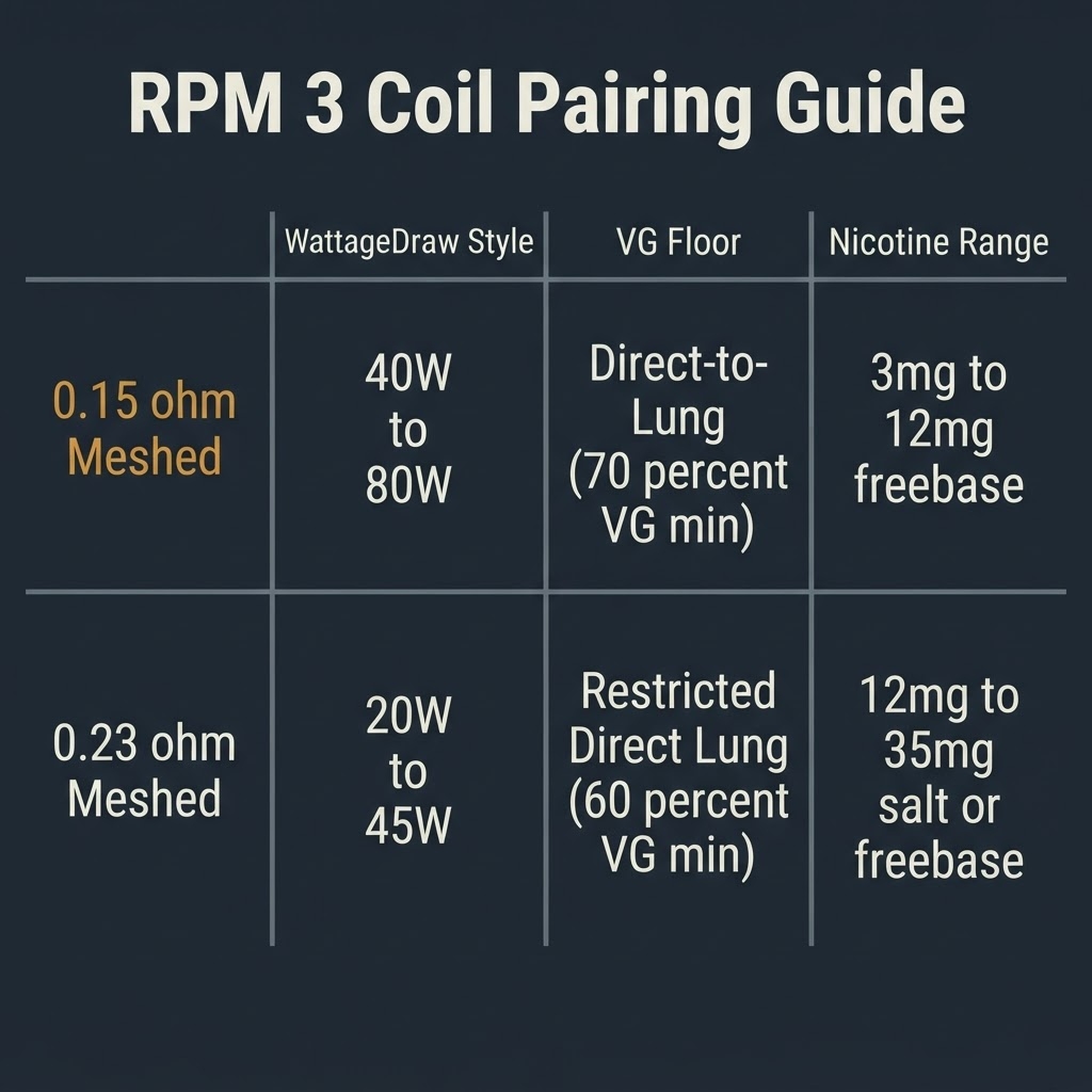 SMOK RPM 3 Coil Replacement: Which Resistance Is Correct? Pairing matrix showing RPM 3 coil resistance 0.15ohm versus 0.23ohm against wattage range, draw style, VG percentage, and nicotine strength
