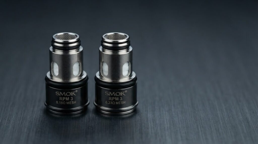 SMOK RPM 3 coil replacement 0.15ohm and 0.23ohm mesh variants side by side on deep slate surface