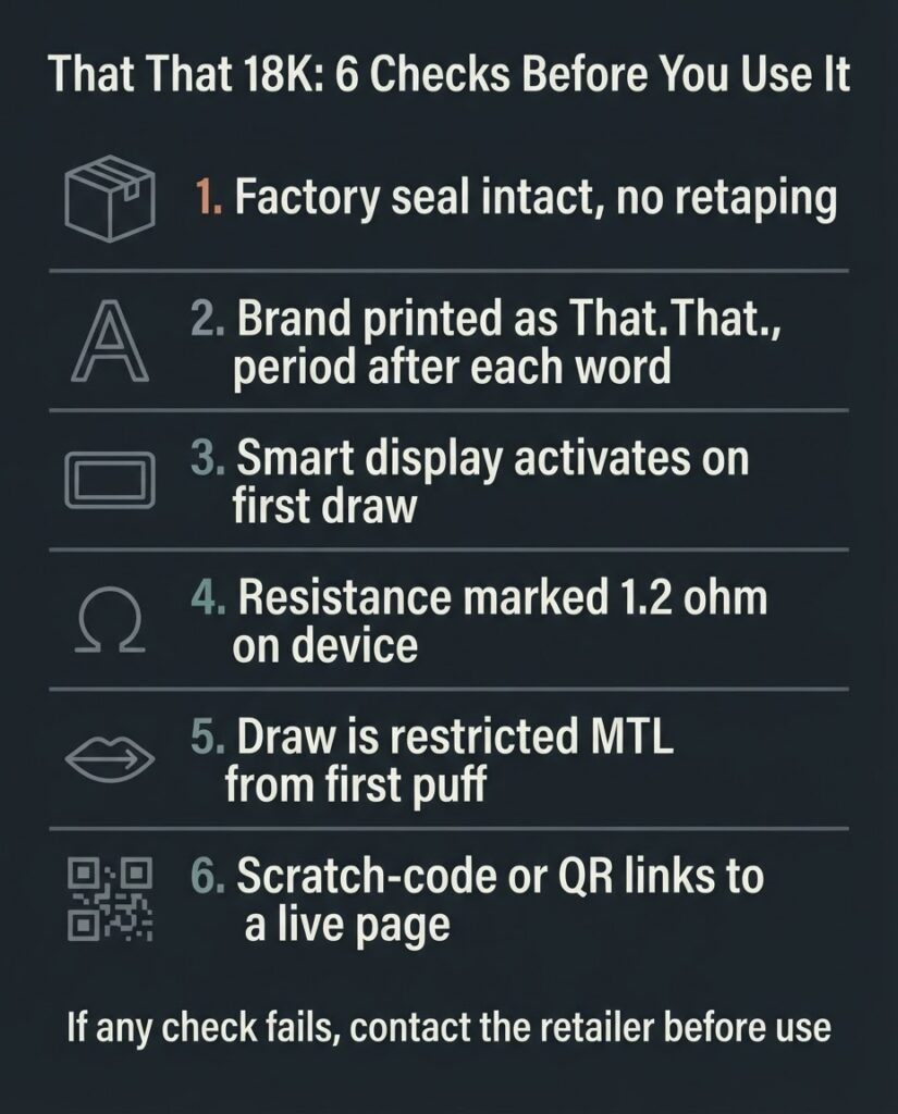 That That 18K Review: How to Verify It Is Not a Clone Six-step authenticity verification checklist for That That 18K disposable vape showing packaging seal print quality display activation resistance marking draw feel and QR code check