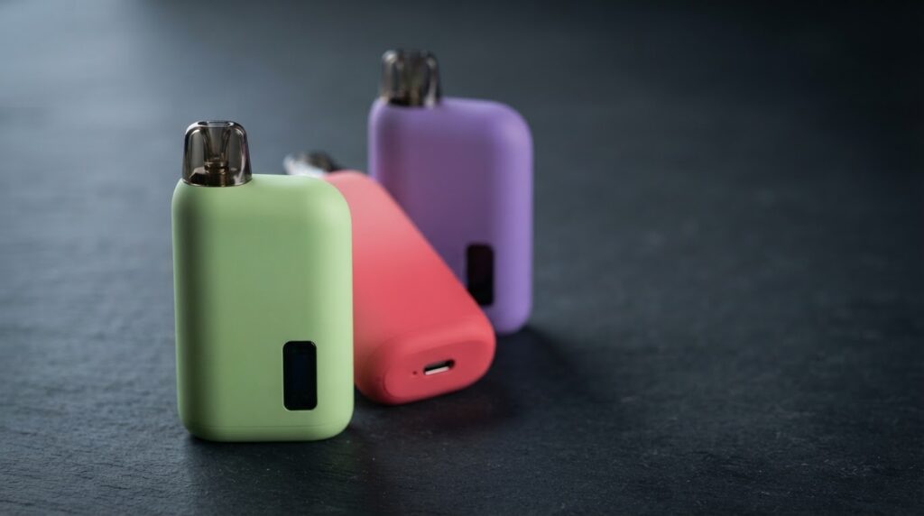 That That 18K review — Dual NexMesh disposable vape three flavour variants Apple Watermelon Grape on deep slate surface at KandyVape Dhaka