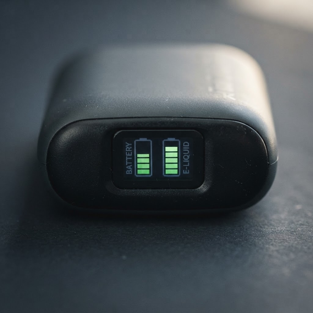 That That 18K Review: How to Verify It Is Not a Clone That That 18K smart display showing battery level and e-liquid level indicators active on the device face macro detail