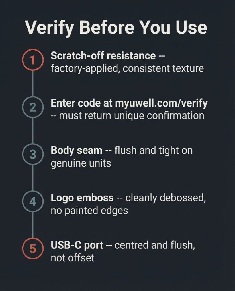Caliburn G4 Pro vs G5 Koko: Verified Specs for Dhaka Five step authenticity verification checklist for Uwell Caliburn G4 Pro and G5 Koko showing scratch off code and physical inspection points