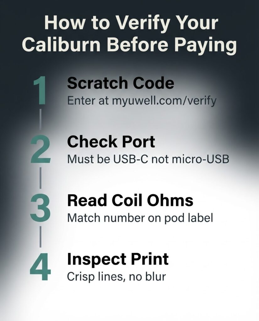 Uwell Caliburn Bangladesh: Specs, Price, and Fake Check Uwell Caliburn authenticity verification checklist showing four steps: scratch code, USB-C port check, coil resistance reading, and print quality inspection