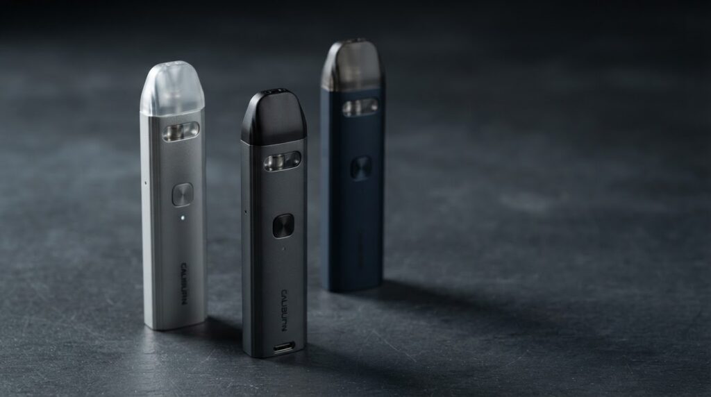 Uwell Caliburn price Bangladesh -- G3, G4 Mini and G5 pod systems on a deep slate surface showing matte aluminium finish and USB-C ports